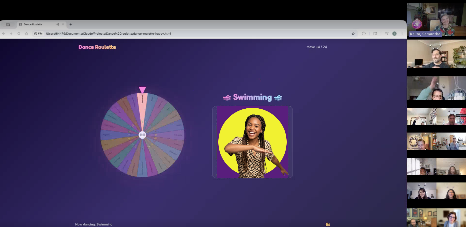 Dance Roulette spinning wheel beside a team on a video call, landed on the Swimming dance