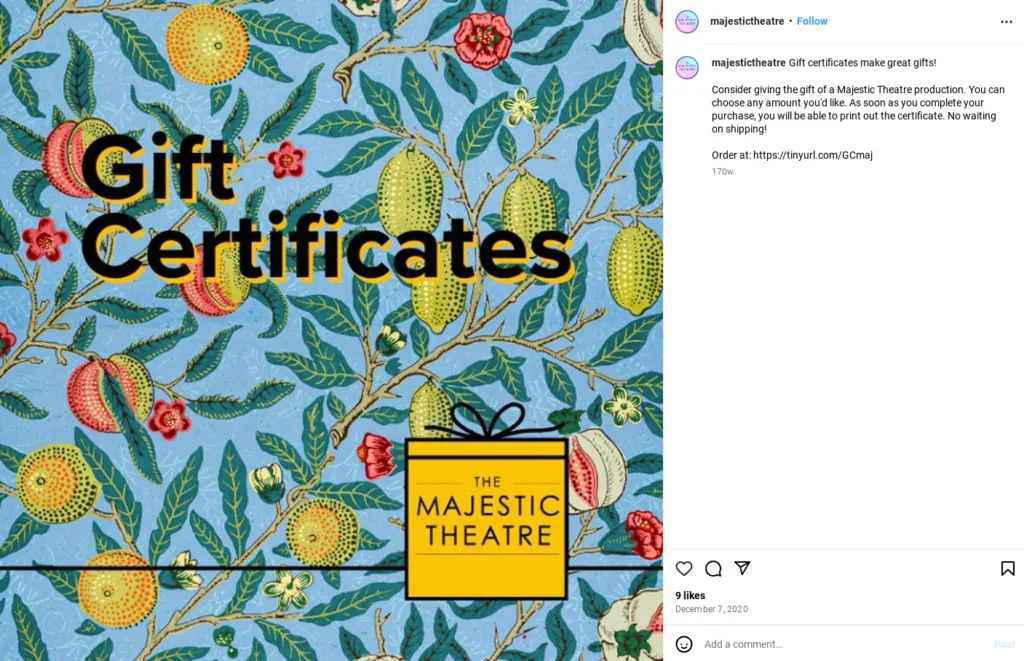 Instagram screenshot of gift certificate promotion for the Majestic Theatre
